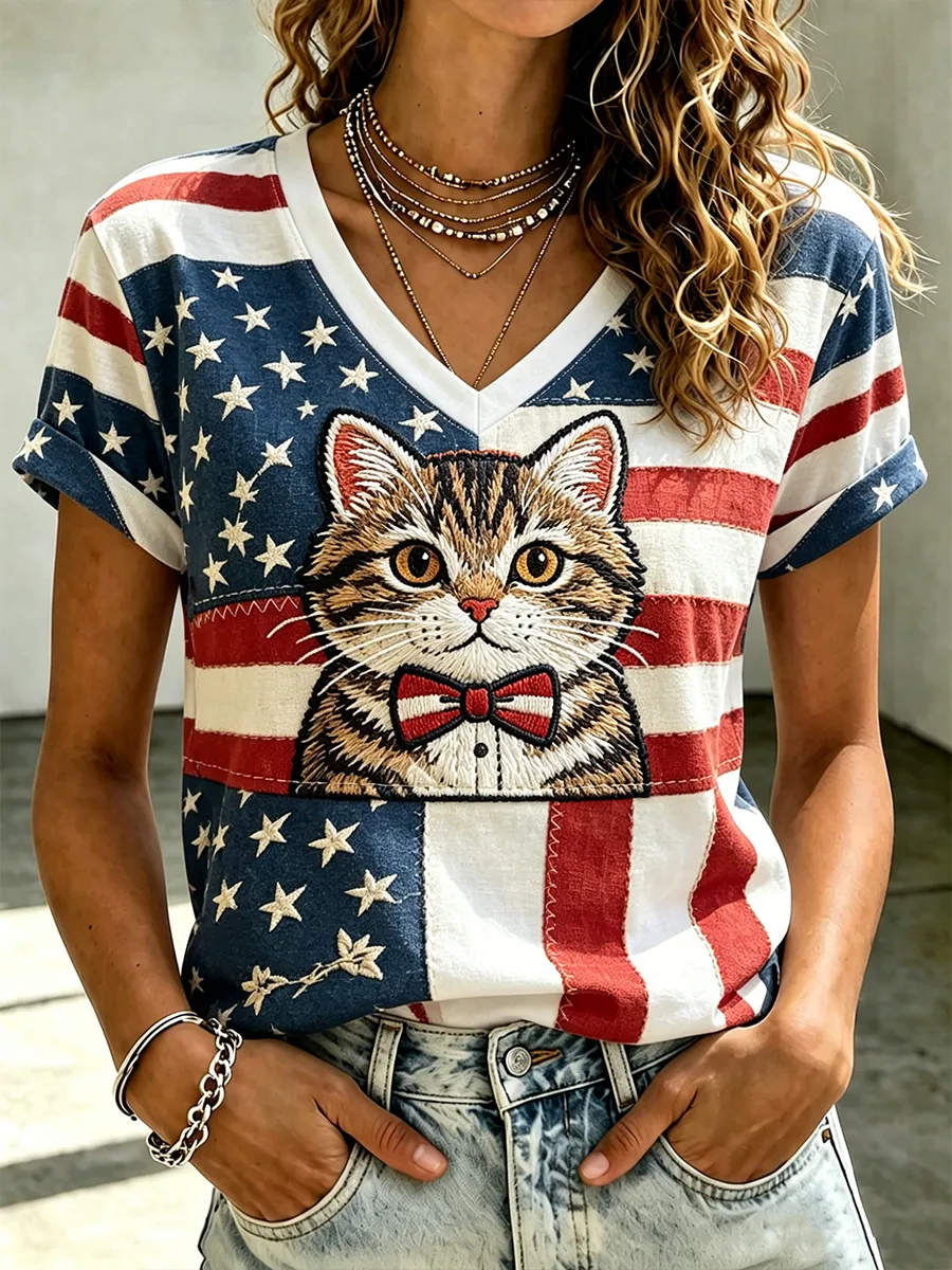 Women's American Flag Cat Printed Casual T-shirt