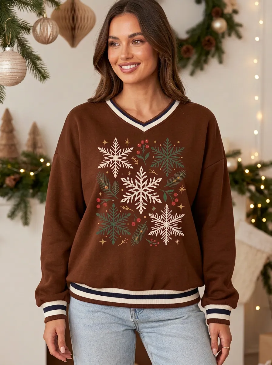Christmas Snowflake Holly Print V-Neck Sweatshirt