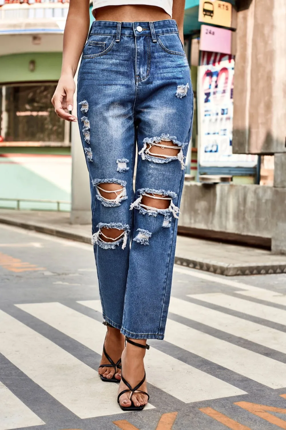 Distressed Buttoned Pocket Denim Jeans