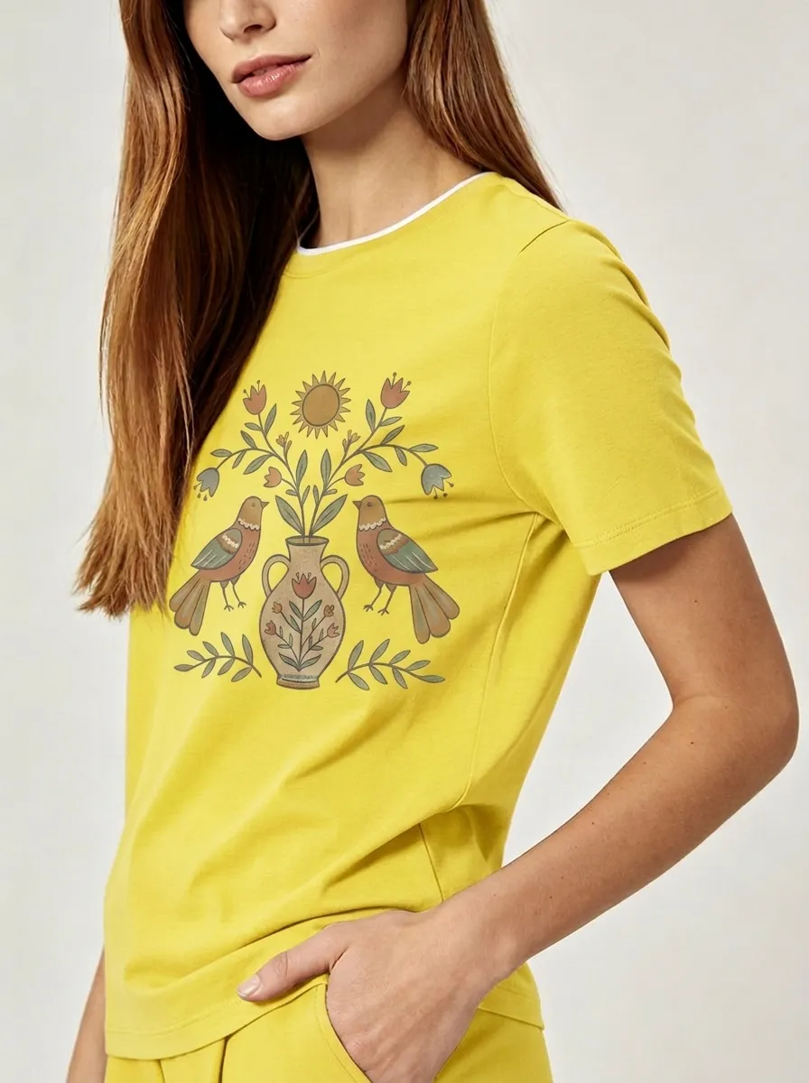 Women's Nature Lover Bird Vase Floral Sun Printed T-shirt