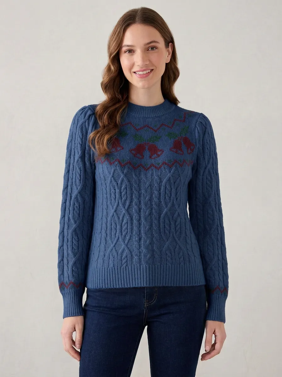 Christmas Holiday Jingle Bell Fair Isle Patterned Sweater