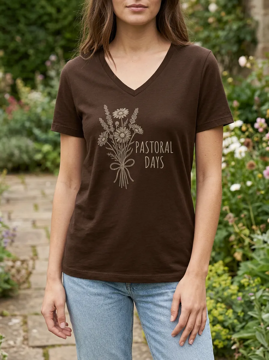 Women's Pastoral Days Wildflower Bouquet Printed V-neck T-shirt