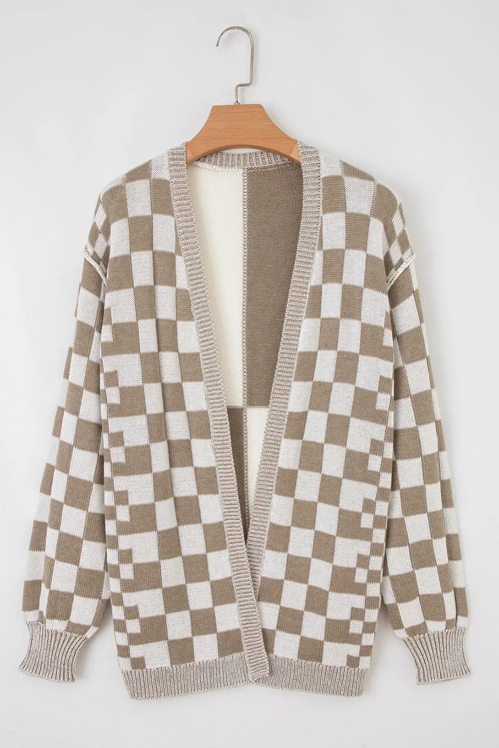 Open-Front Drop-Shoulder Knit Checkered Cardigan