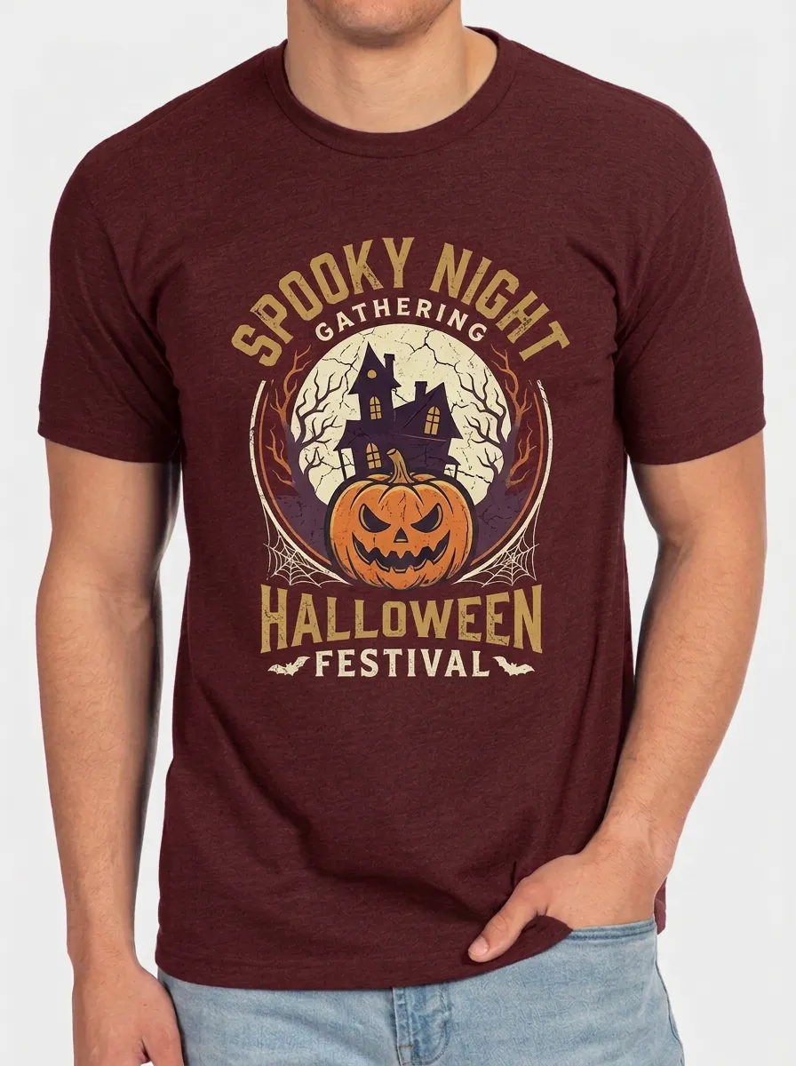 Men's Halloween Spooky Night Pumpkin Haunted House Printed T-shirt