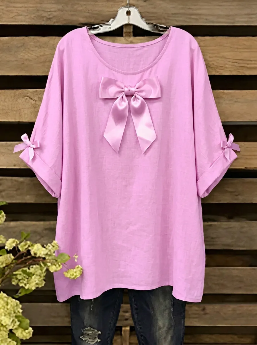 Women's Round Neck Bow-detail Relaxed Blouse