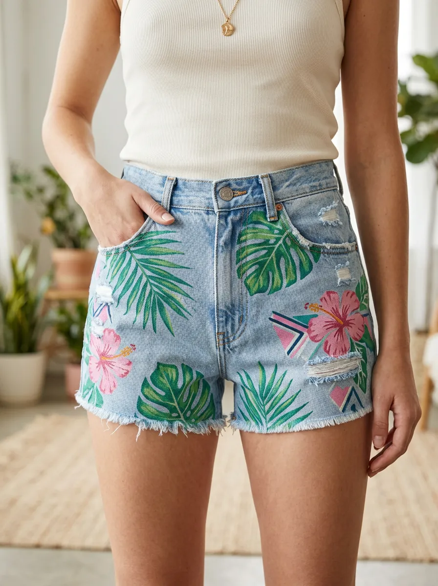 Women's Tropical Hibiscus Palm Leaf Distressed Printed Denim Shorts