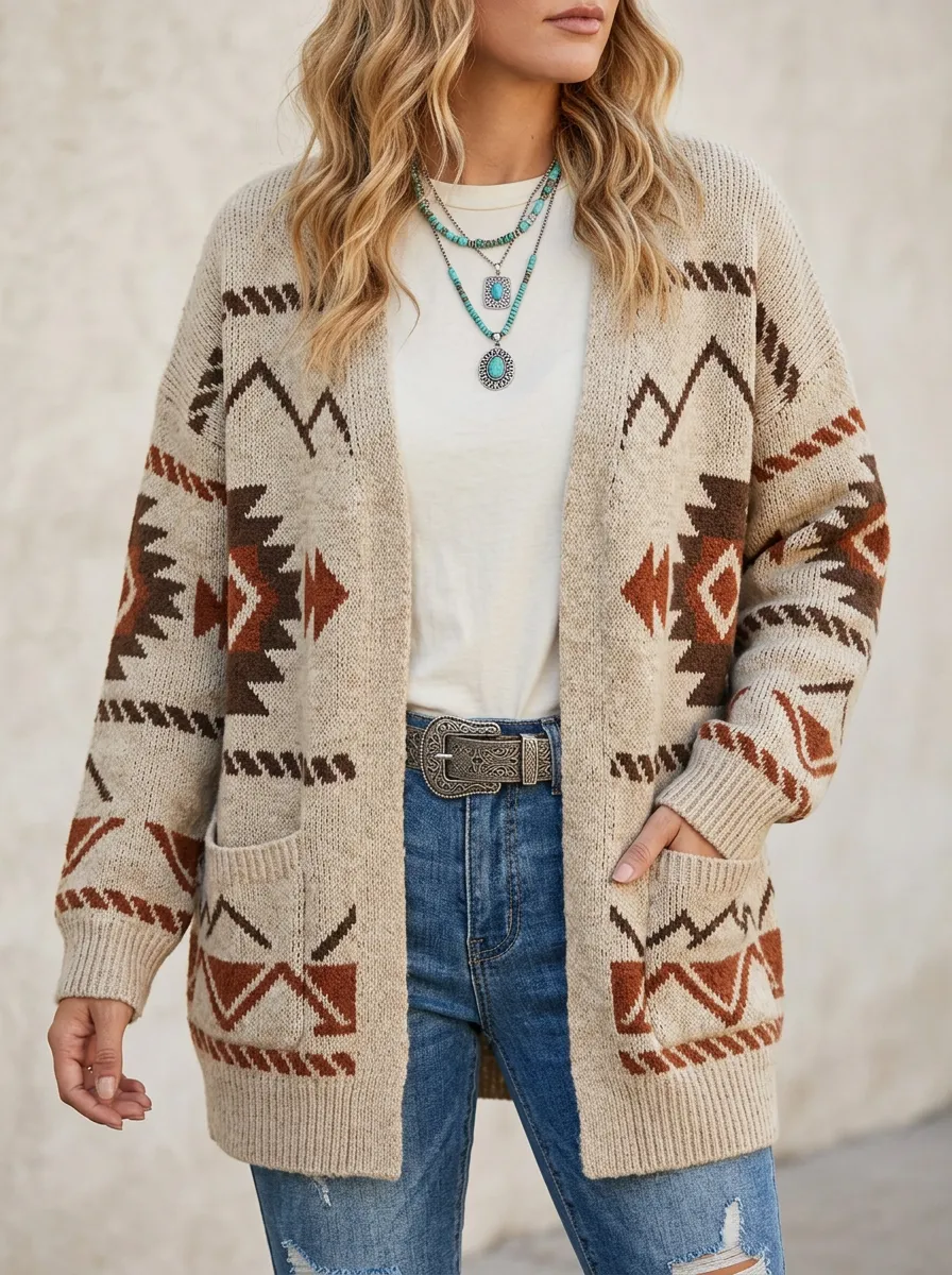 Women's Western Beige Southwestern Pattern Open-Front Cardigan