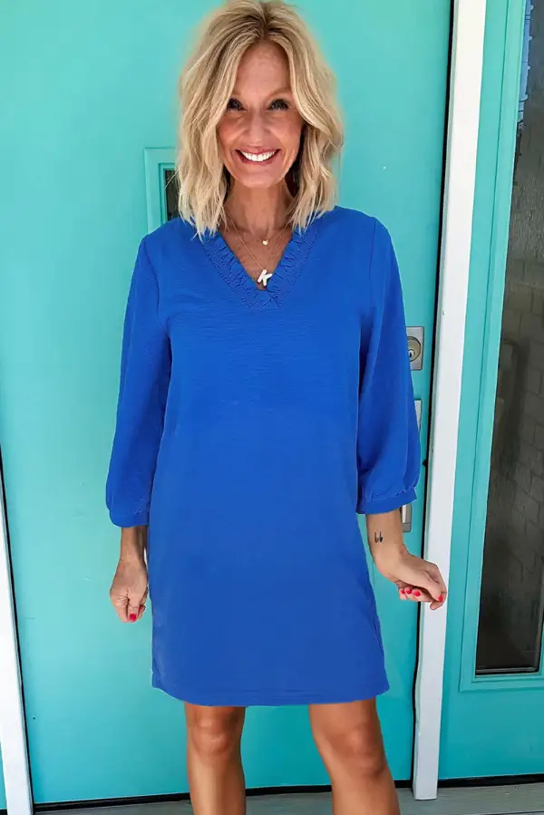 Sky Frilled V Neck Bracelet Sleeve Shift Mini Dress