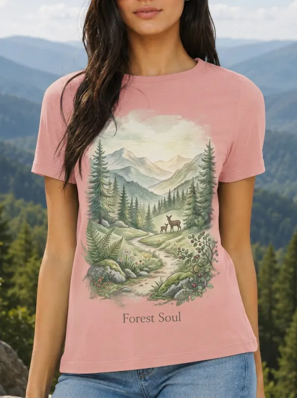 Women's Nature Lover Mountain Deer Forest Printed T-shirt