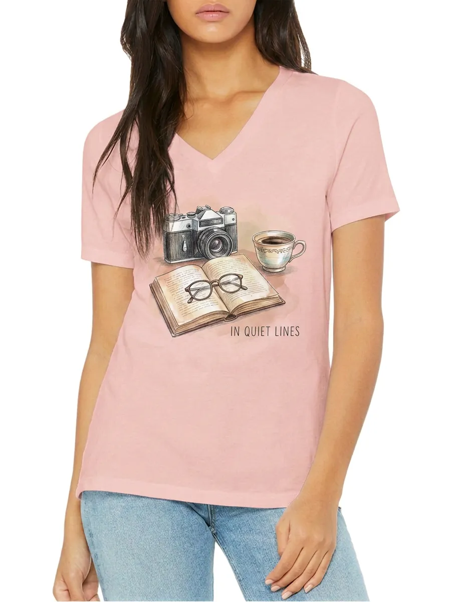 Women's Book Lover Camera Coffee Printed V-neck T-shirt