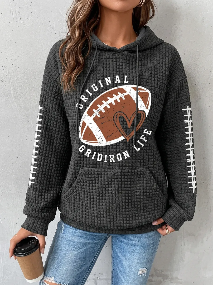 Women's Football Lover Gridiron Life Heart Printed Waffle Hoodie