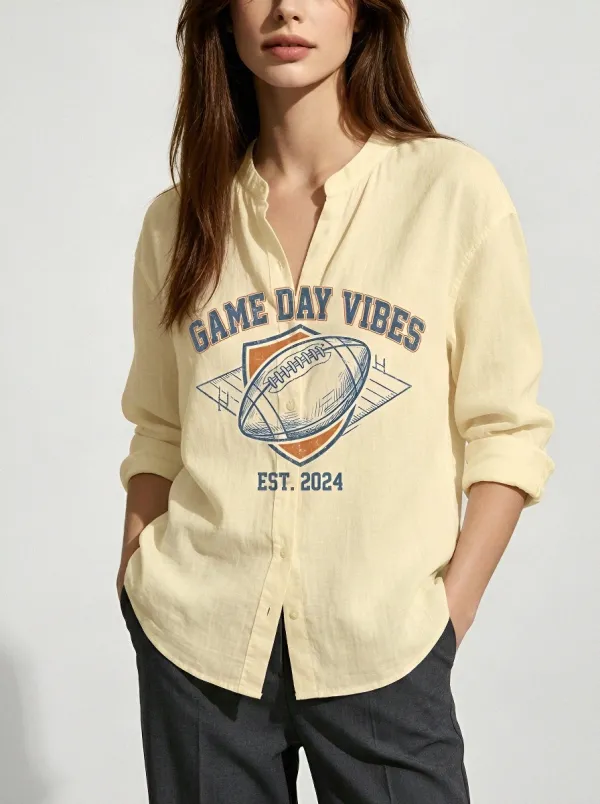 Women's American Football Game Day Vibes Printed Linen Shirt