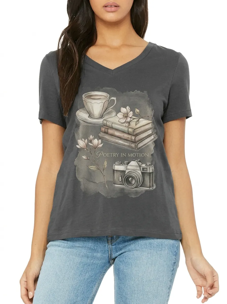 Women's Book Lover Camera Coffee Printed V-neck T-shirt