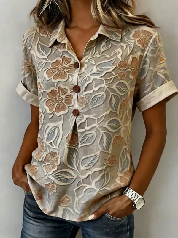 Women's Casual Short-Sleeve Positioning Print Cotton-Linen Top