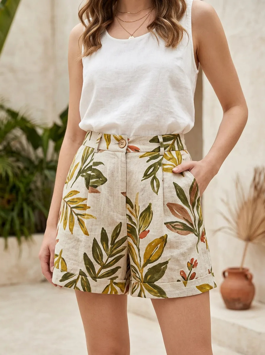 Women's Botanical Leaf Pattern Printed Linen Shorts
