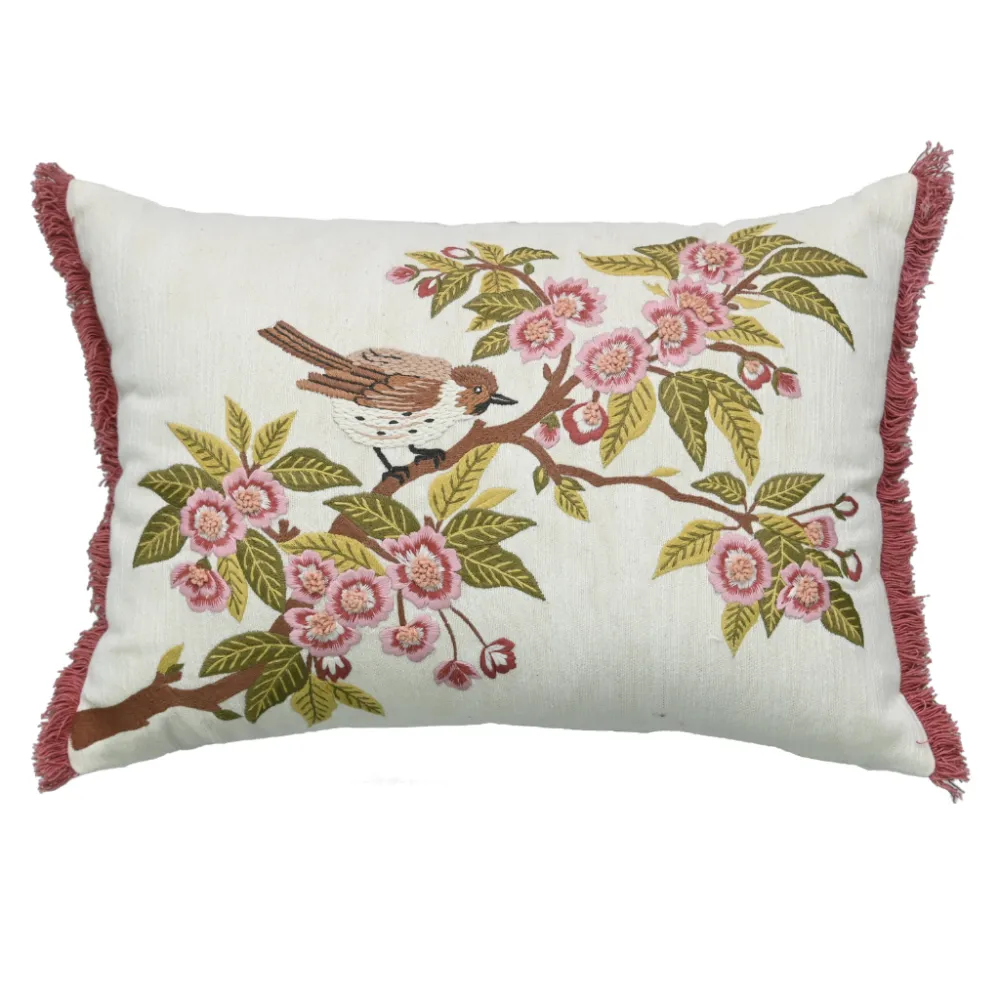 Hand Embroidered Animal Motif Textured Cotton Lumbar Decorative Cushion Cover