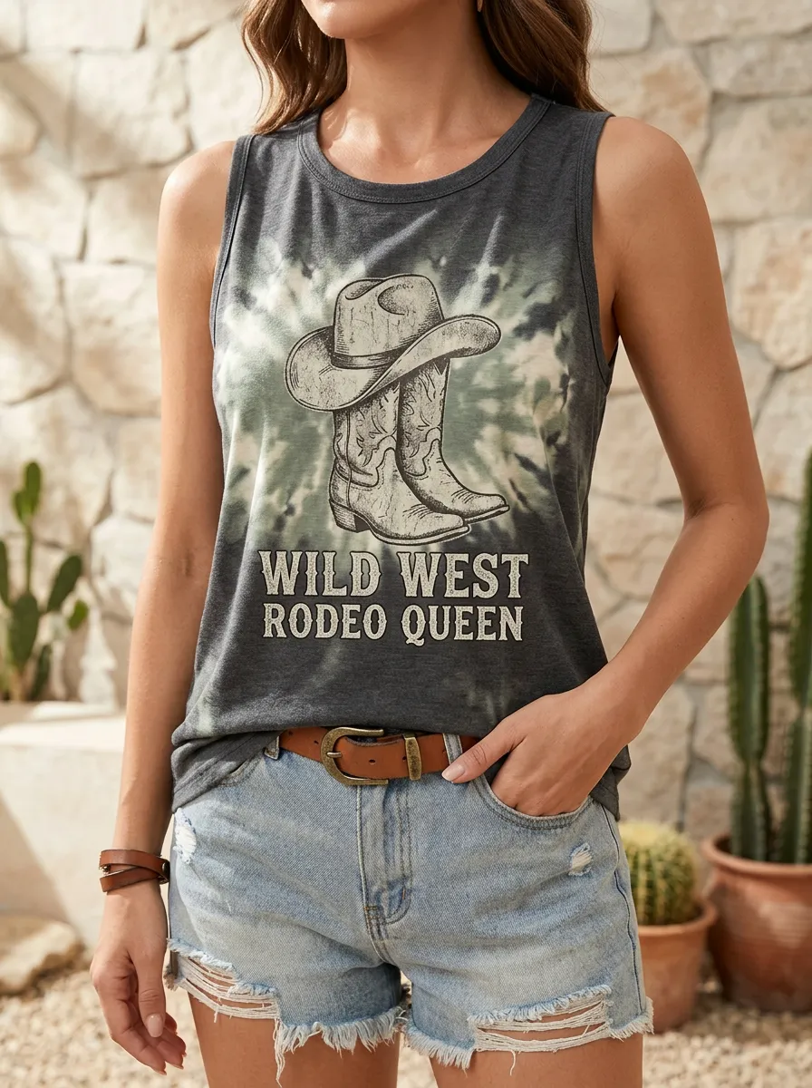 Women's Wild West Rodeo Queen Cowboy Boots Printed Tie-Dye Tank Top