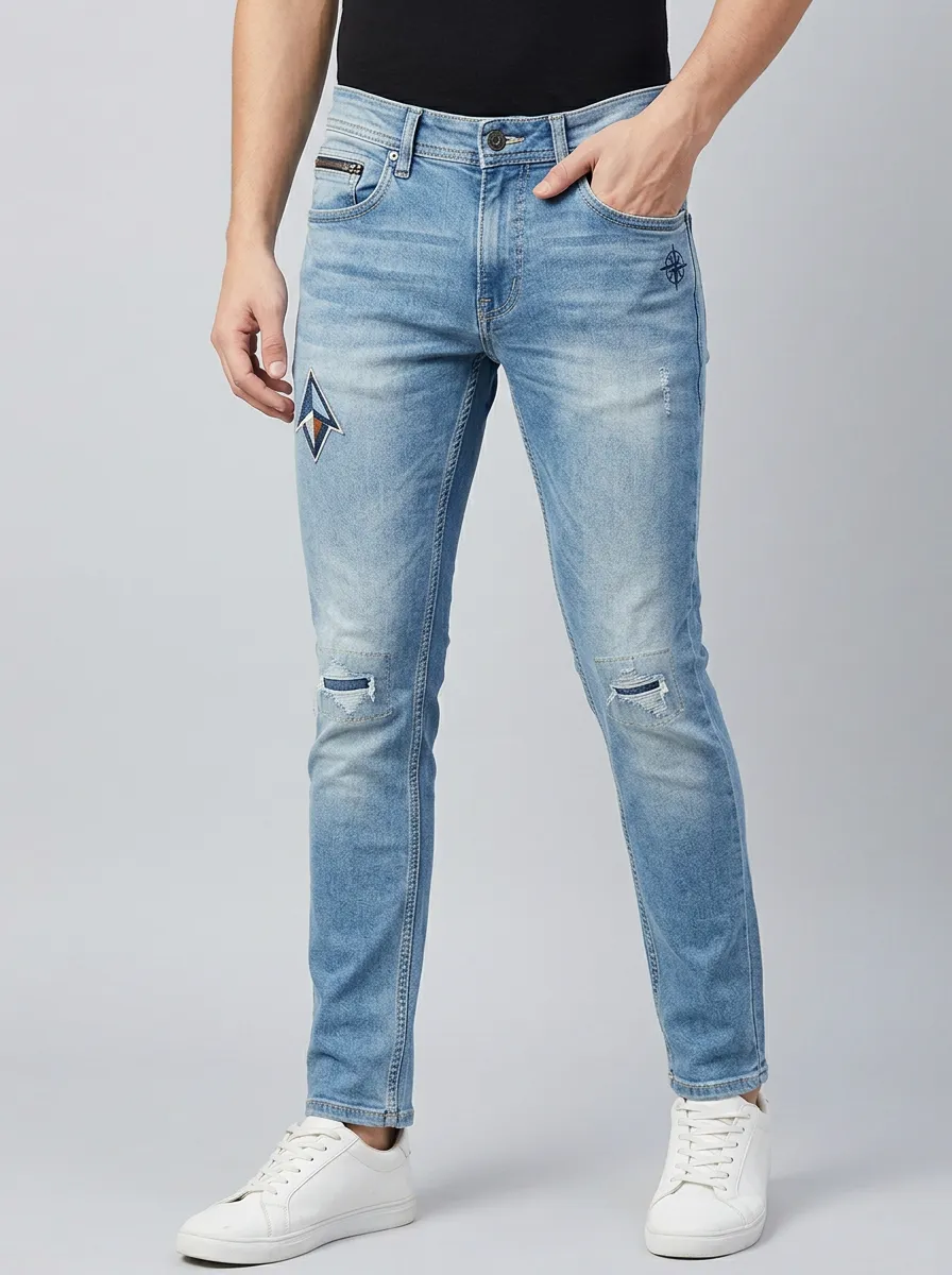 Men's Geometric Patch Distressed Graphic Slim-Fit Jeans