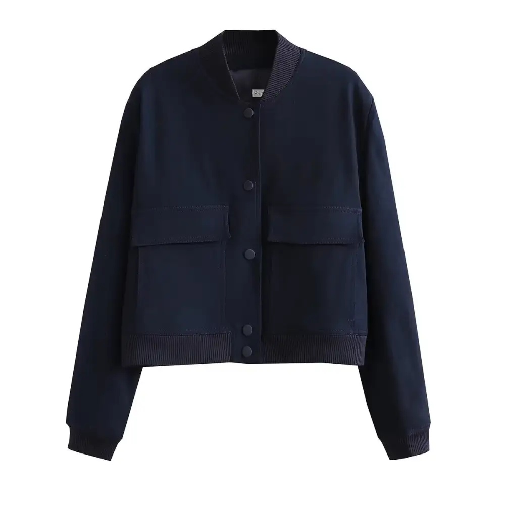 Cropped Snap Front Patch Pocket Ribbed Trim Bomber Jacket
