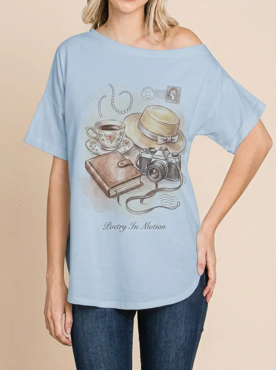 Women's Travel Hobby Poetry In Motion Camera Hat Printed T-shirt