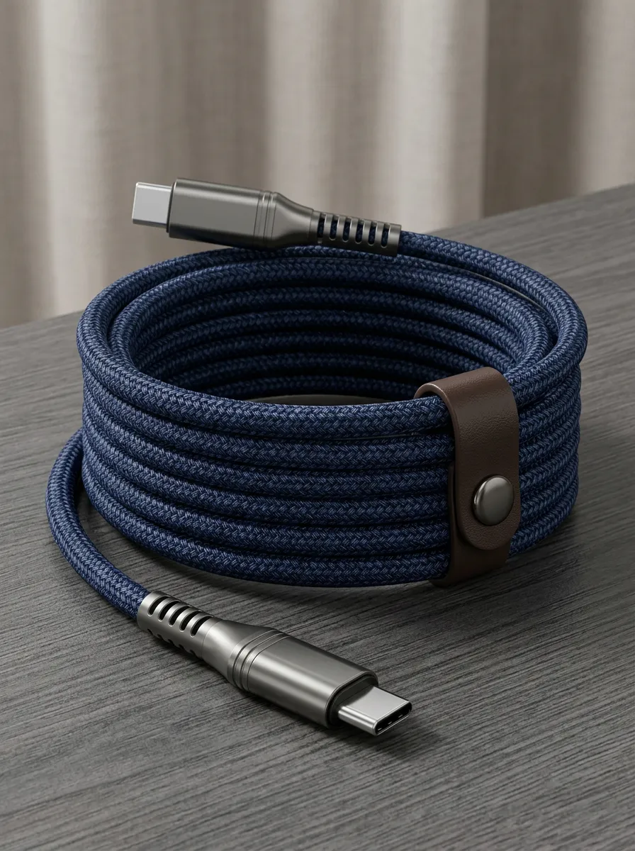 Braided Navy Blue Leather Strap USB-C Charging Cable