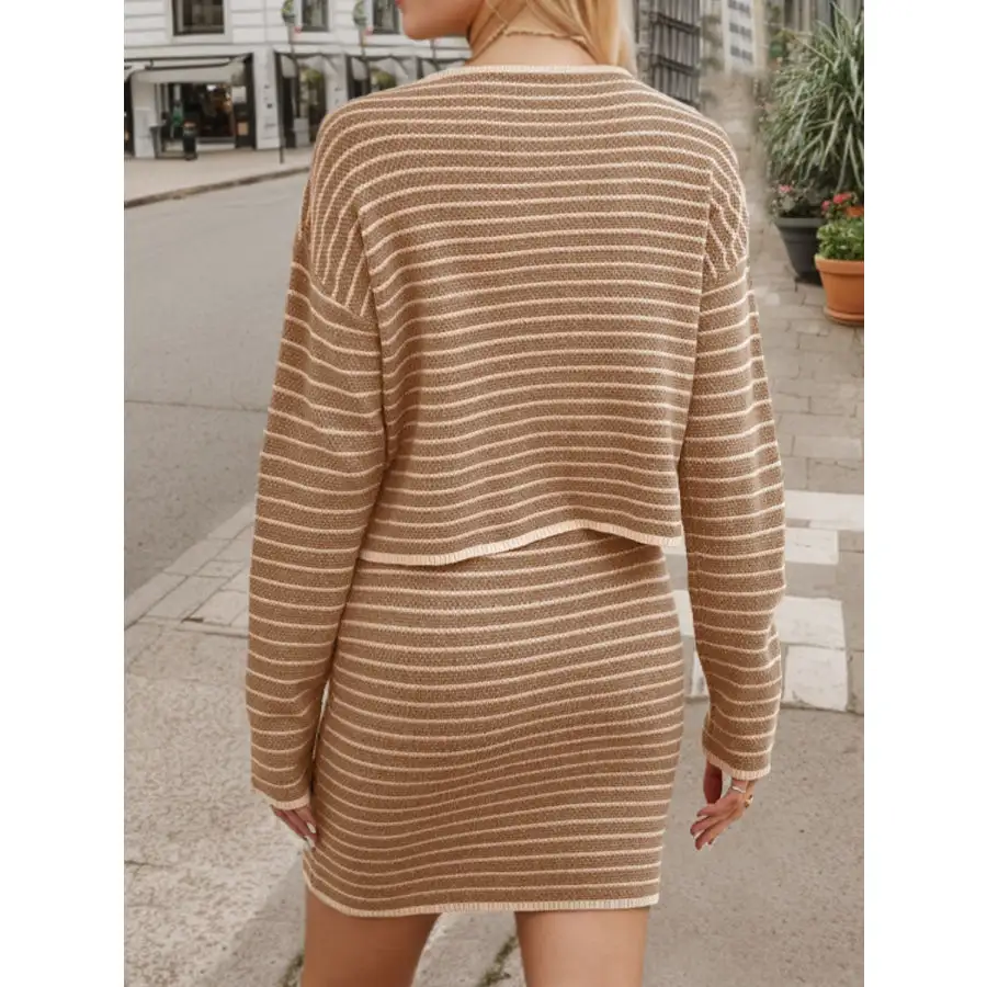 Clean Striped Long Sleeve Top And Skirt Set