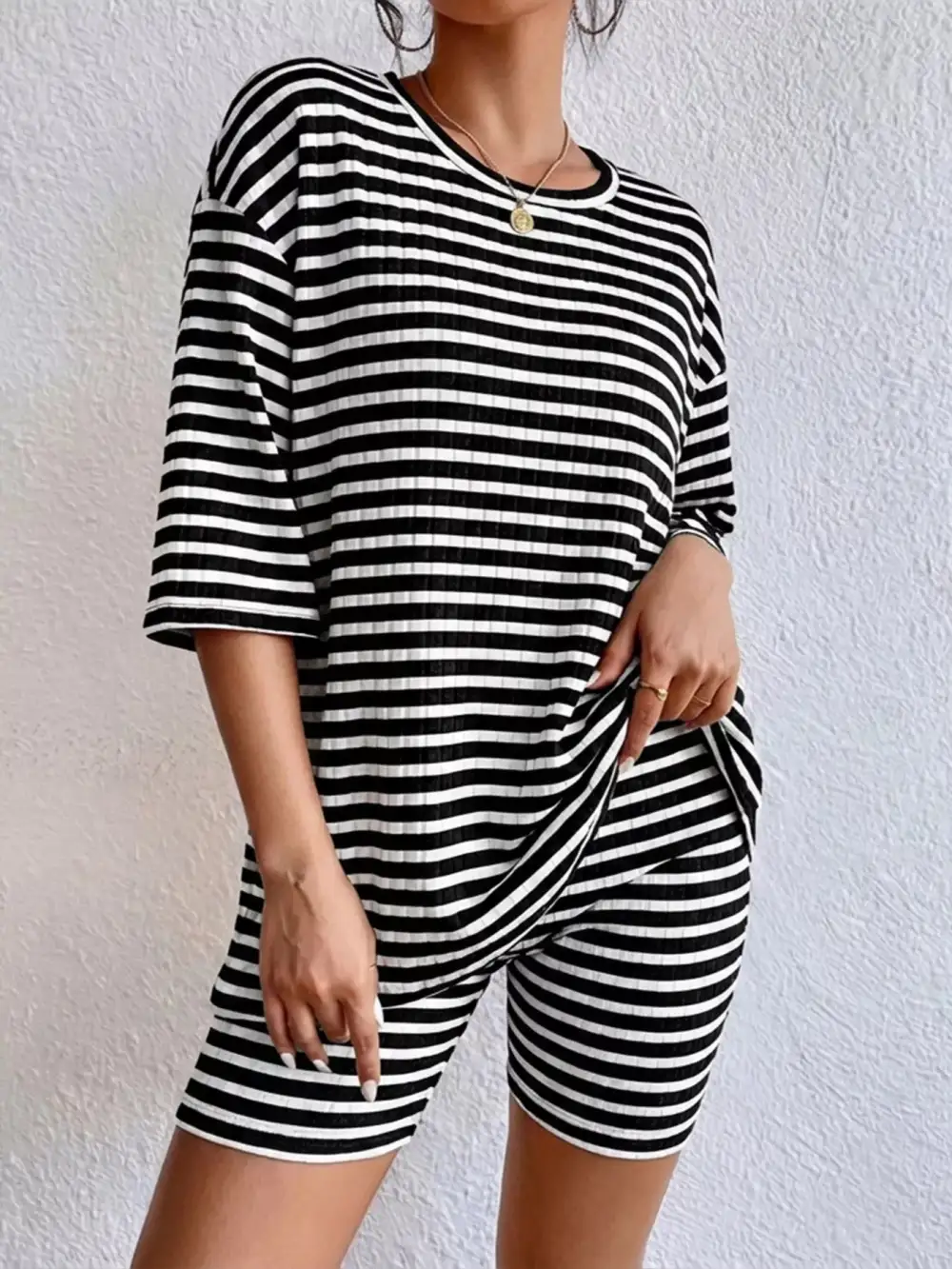 Striped Round Neck Top Shorts Set