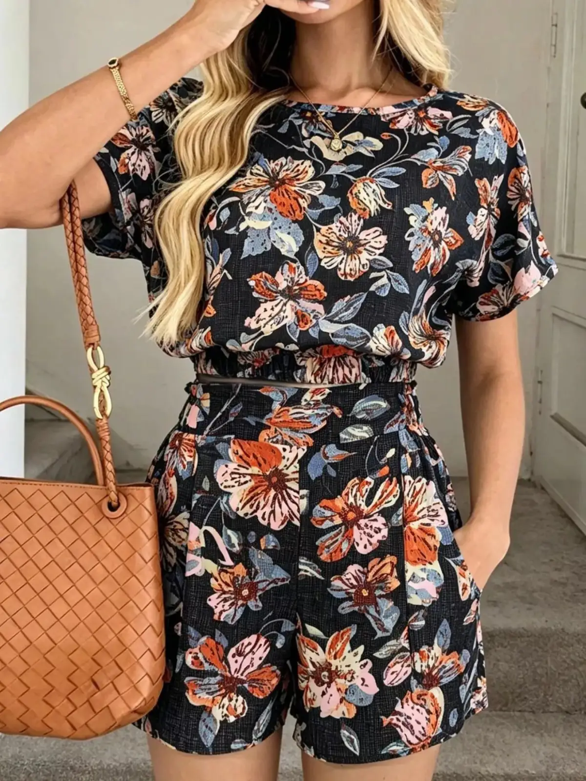 Pocketed Floral-Print Top and Shorts Matching Set