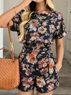 Pocketed Floral-Print Top and Shorts Matching Set