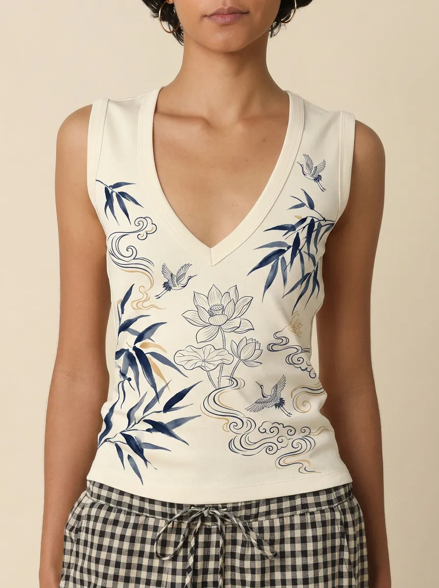 Women's Oriental Art Lotus Crane Bamboo Printed Tank Top