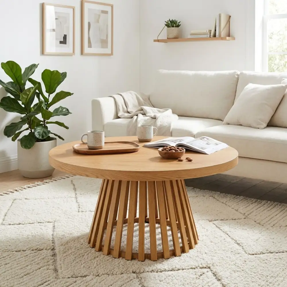 Round Pedestal Wood Look Coffee Table