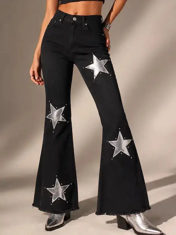 Bell Bottom High Rise Western Style Frayed Hem Denim Jeans
