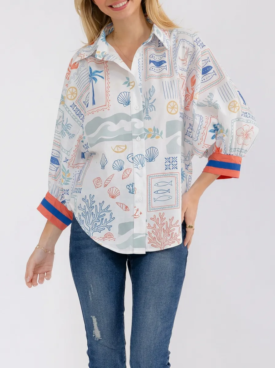 Women's Summer Beach Nautical Ocean Life Printed Button-up Shirt
