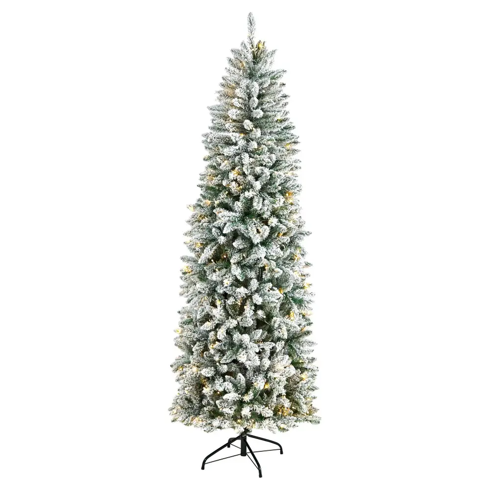 Artificial Slim Flocked Montreal Fir Christmas Tree with Warm LED Lights and Bendable Branches Botanical Accent