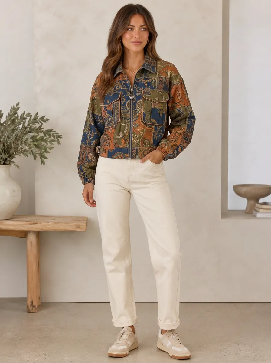 Women's Vintage Boho Paisley Pattern Printed Zip-up Jacket