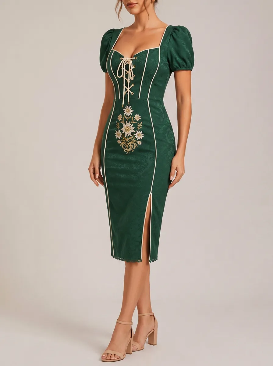Women's Embroidered Floral Folk Fitted Dress