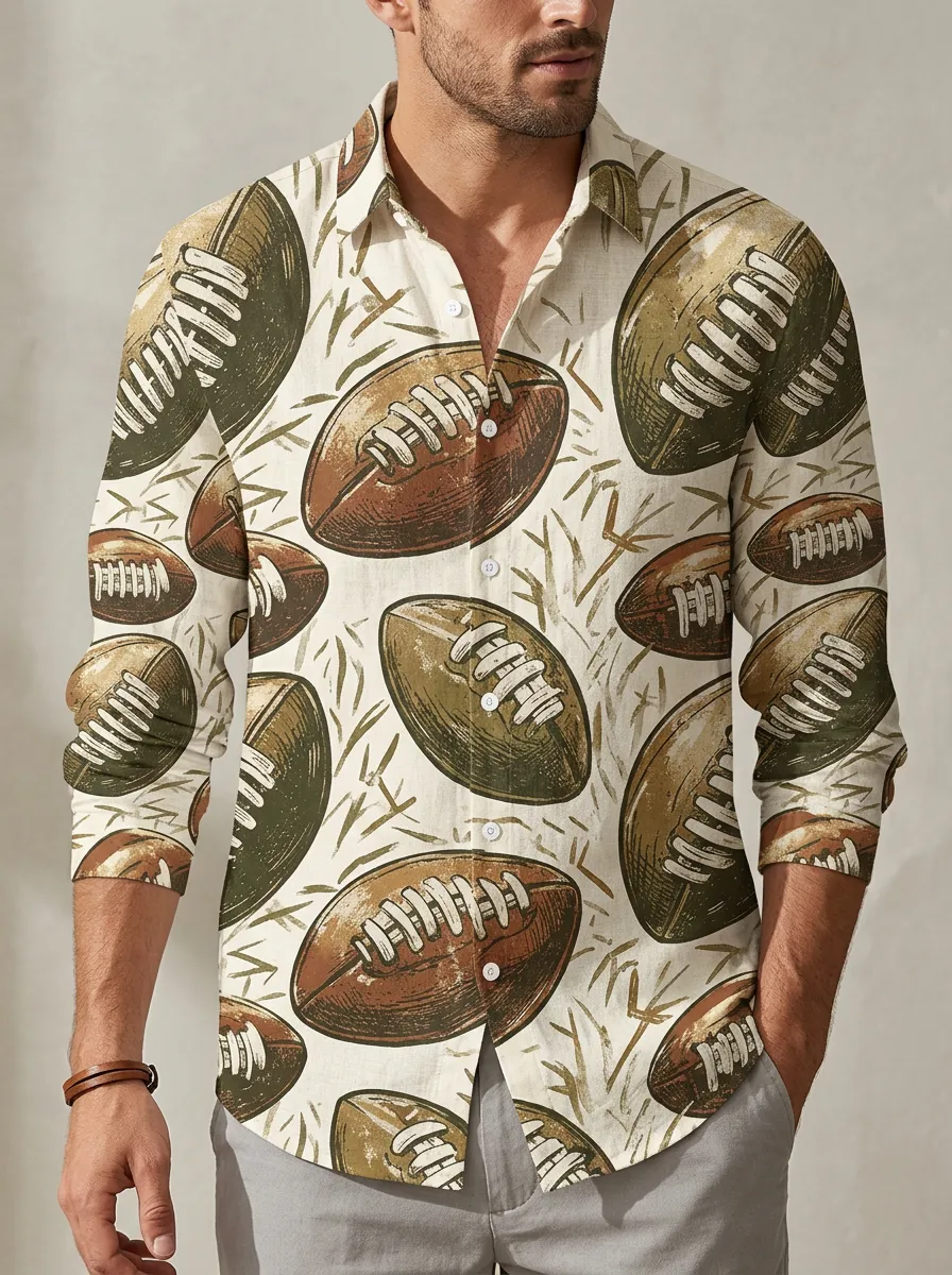 Men's American Football Lover Vintage Ball Printed Long Sleeve Shirt