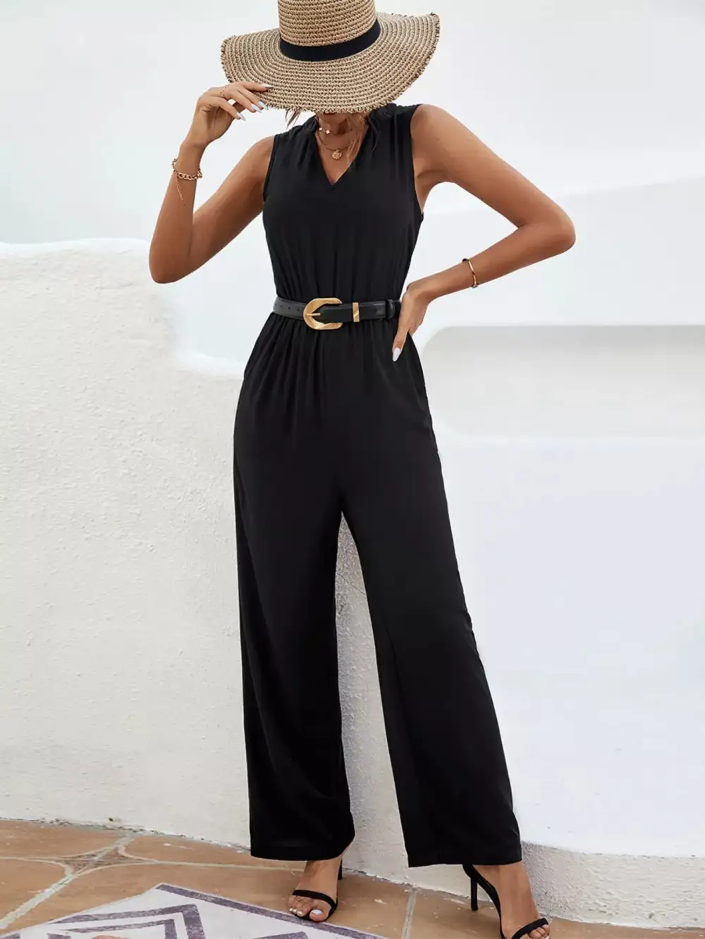 Sleeveless V Neck Wide Leg Jumpsuit
