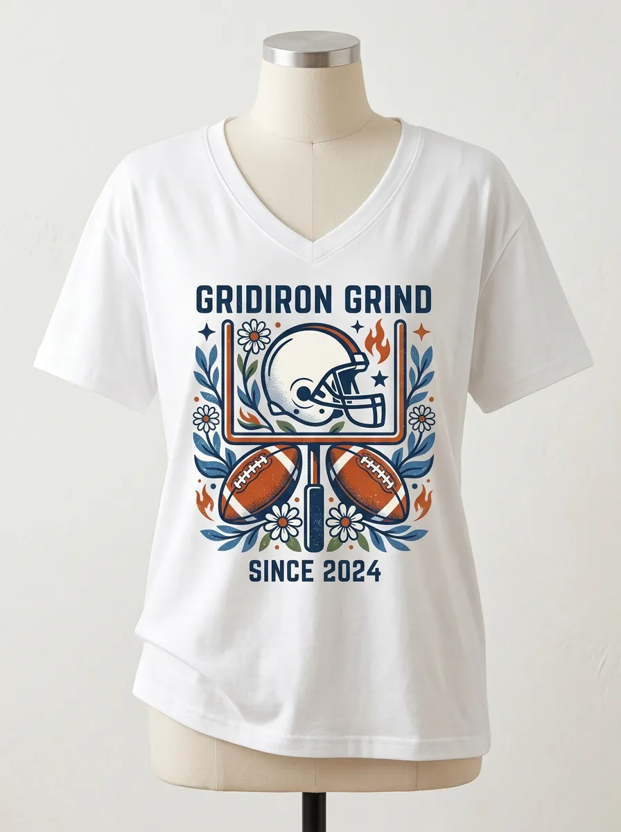 Women's Football Fan Gridiron Grind Helmet Floral Graphic V-neck T-shirt