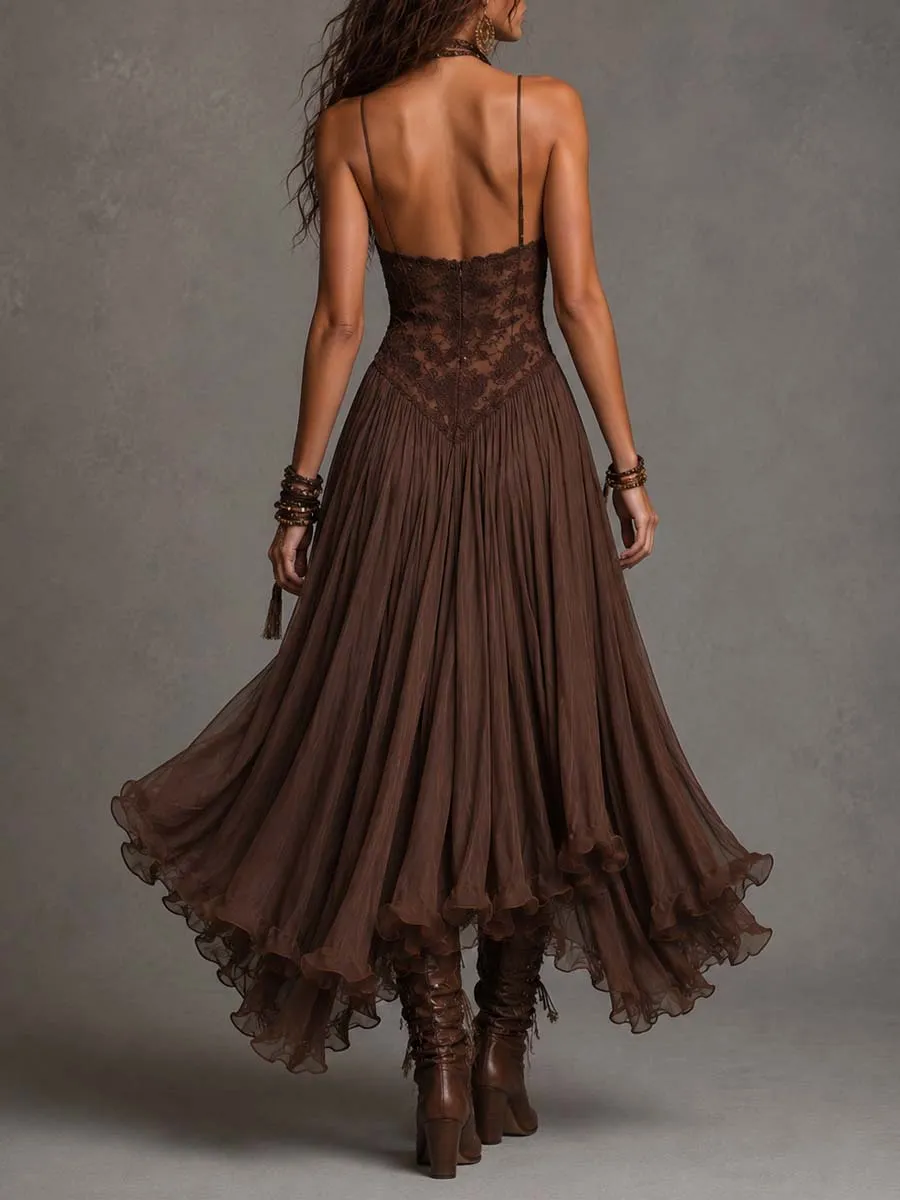 Dark Brown Lace And Chiffon Corset Maxi Dress