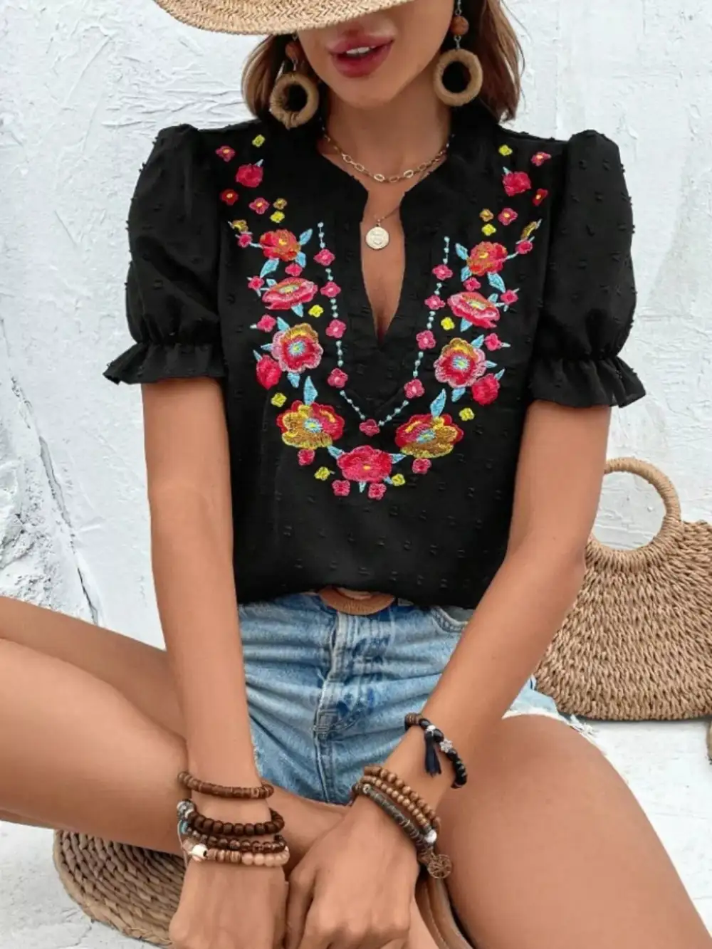 Floral Embroidered Puff Sleeve Blouse