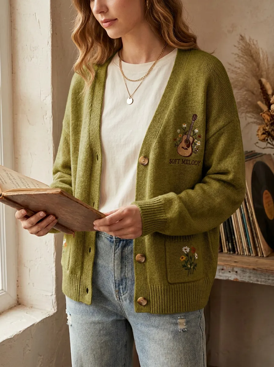 Country-Road Guitar Floral Country Music Cardigan