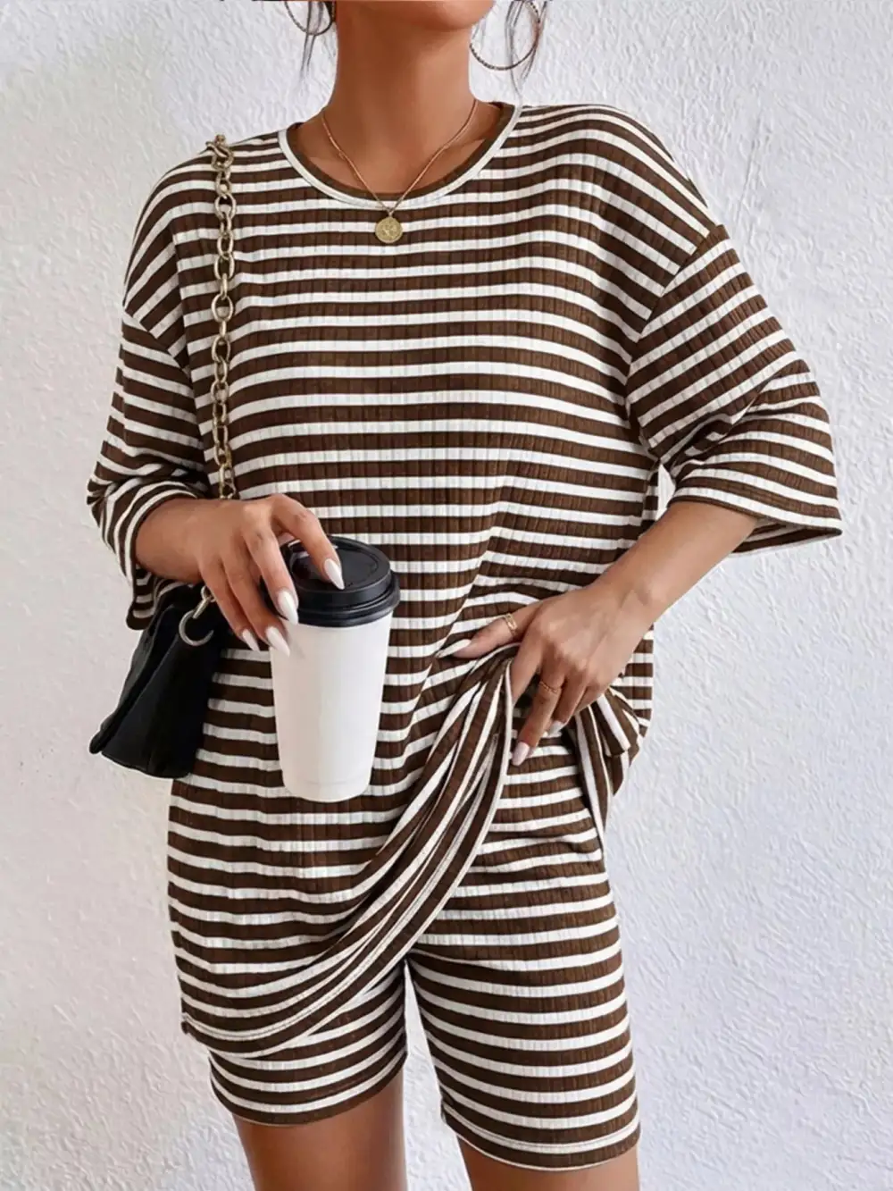 Striped Round Neck Top Shorts Set