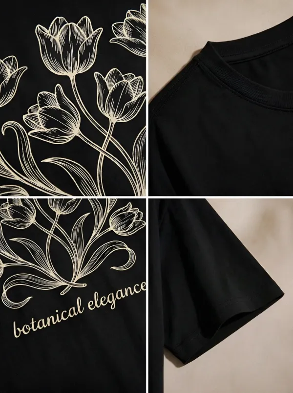 Women's Botanical Tulip Flower Line Art Printed T-shirt