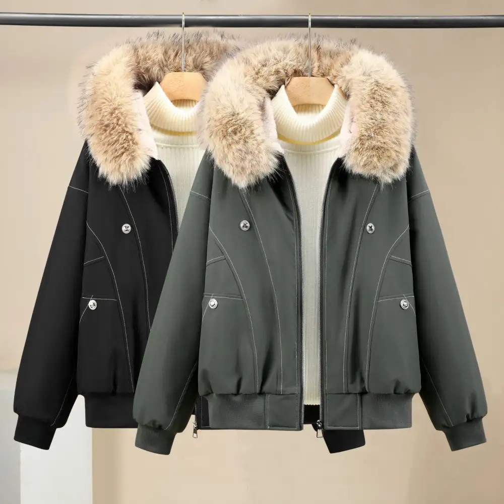 Cropped Faux Fur Stand Collar Ribbed Trim Bomber Jacket