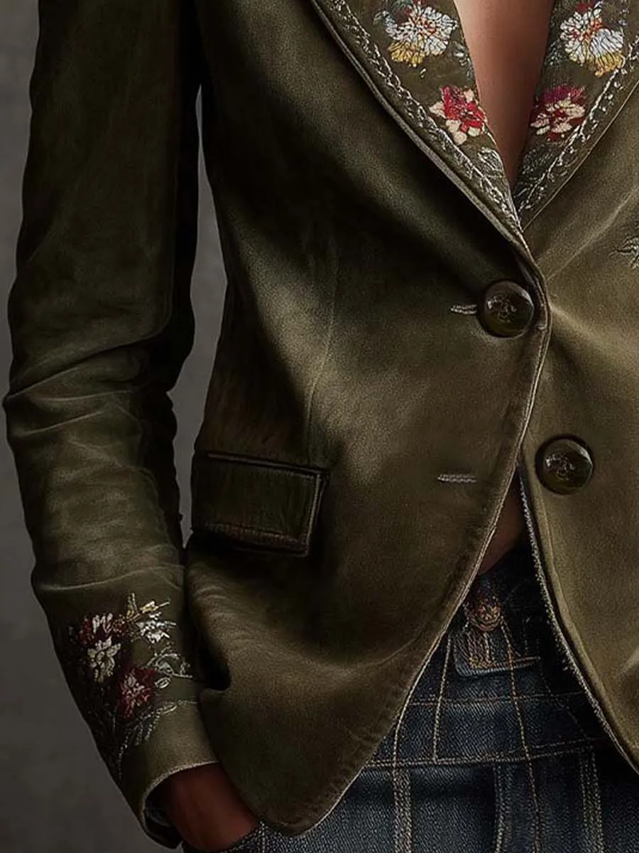 Olive Green Velvet Blazer With Intricate Floral Embroidery