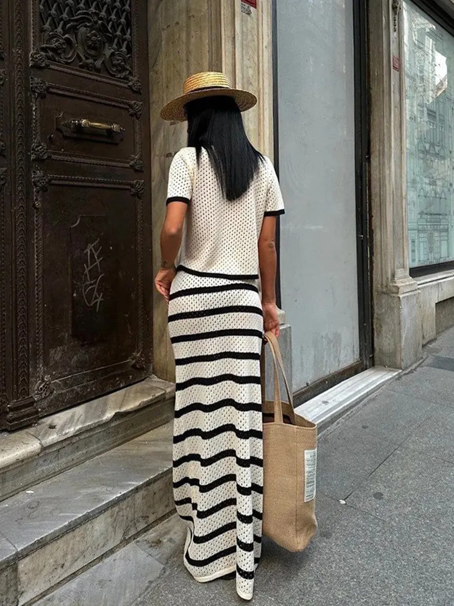 Simone Black and White Color-Block Knitted Beach Skirt Two-Piece Set