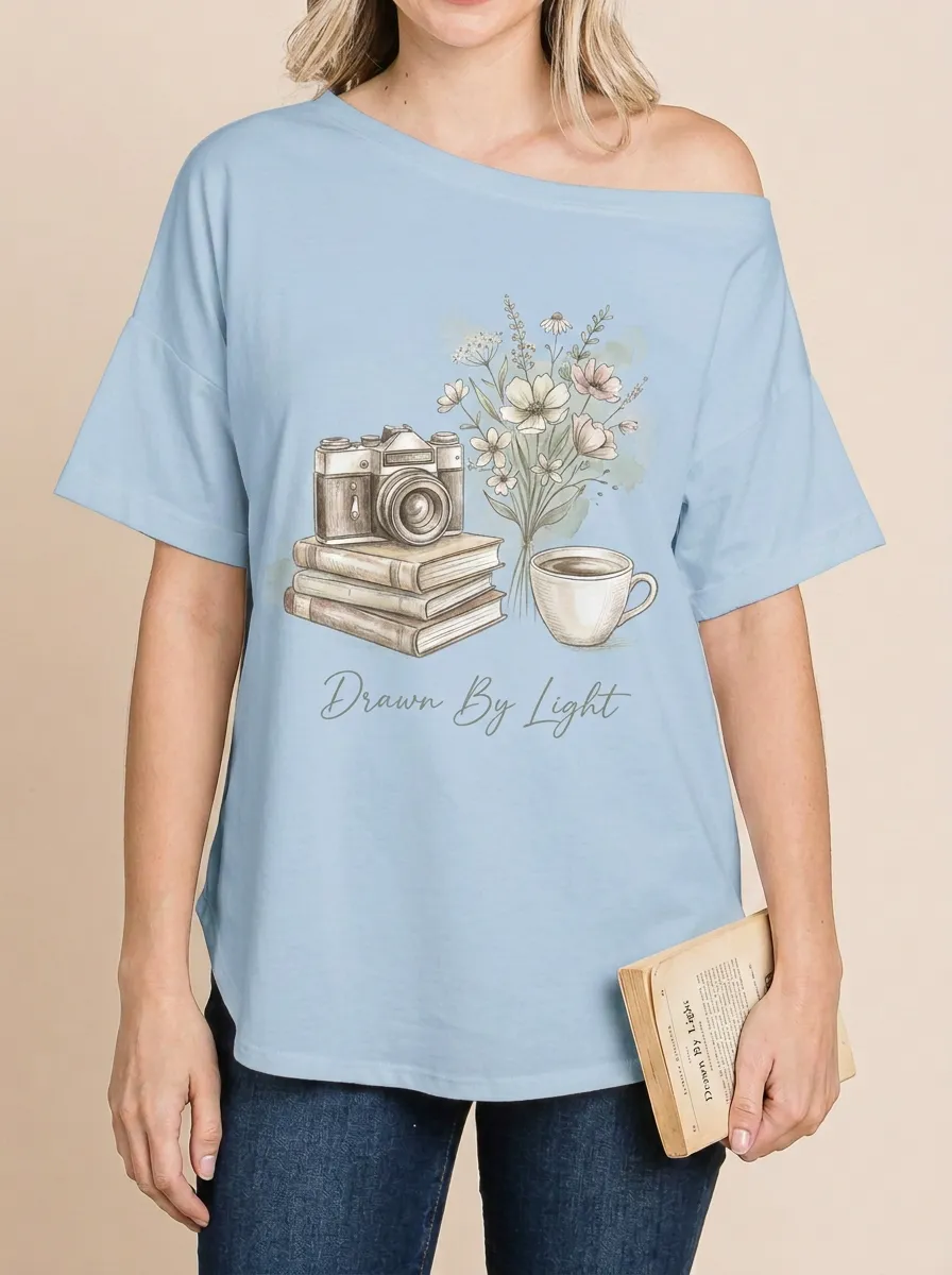 Women's Photography Lover Camera Books Flower Printed T-shirt