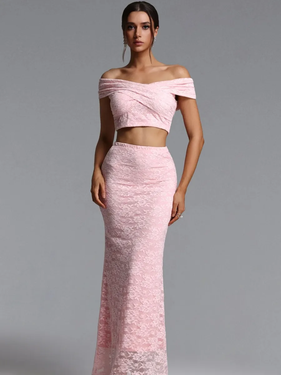 Mia  Lace Off-the-Shoulder Crop Top & Mermaid Skirt Set In Pink
