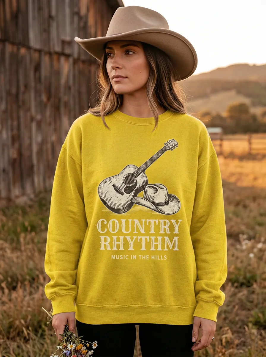 Western Guitar Cowboy-Hat Women's Country Music Crew Neck Sweatshirt